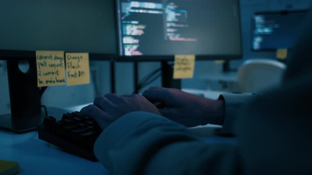 Close-up Male Programmer Hands Typing Code on Desktop Computer, Screen Displaying Programming Information. Male Software Engineer Focused on Developing Applications Writing code sit at office desk.
