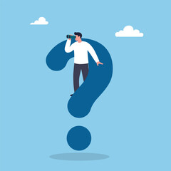 Man Looking for Answers on a Giant Question Mark. Searching for Solutions and Opportunities Concept