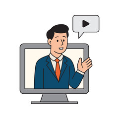 Man on Computer Screen for E-Learning, Video Tutorial or Webinar