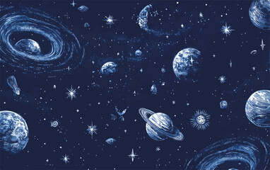 深い青色の夜空に浮かぶ、渦巻銀河、土星のような惑星、彗星が描かれた幻想的な宇宙空間のベクター背景イラスト