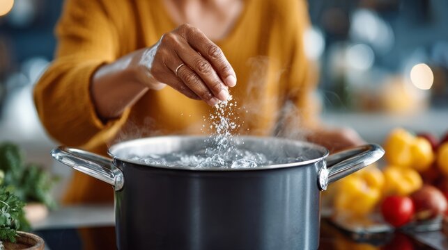 A woman is cooking in a pot with a hand sprinkling salt into the water. The scene is set in a kitchen with various fruits and vegetables, including tomatoes, peppers, and carrots - Powered by Adobe