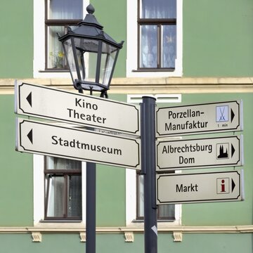 Signpost indicating different places in Meissen, Saxony, Germany