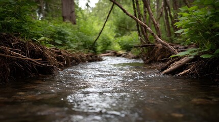 Fototapeta premium A shallow forest stream flows gently through dense green vegetation and over roots and rocks creating a serene natural scene