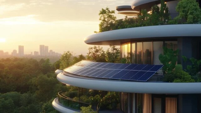Sustainable Living: An artistic view of a modern building with solar panel, promoting eco-friendly architectural marvel harmonizing with nature's beauty and renewable energy. 