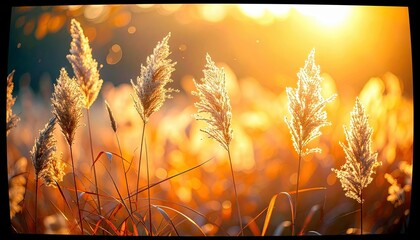 Tall reeds are backlit by the warm glow of the setting sun, creating a beautiful bokeh effect in the background.