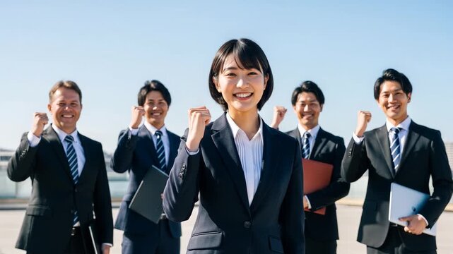 青空とガッツポーズをするビジネスパーソン・コンサバ系企業
