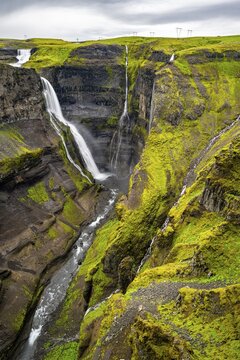 River and waterfalls at a canyon with green moss, Haifoss and Granni waterfall at a canyon, Foss&aacute; &iacute; &THORN;j&oacute;rs&aacute;rdal, with river &iacute; &THORN;j&oacute;rs&aacute;rdal, long exposure, dramatic landscape, Hekla, Iceland