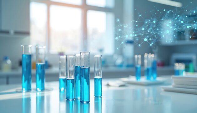 Test tubes with blue liquid in modern lab setting. Digital molecular graphic scientific research, innovation. Scene shows advanced study in chemistry, medicine, biotech for future discovery,