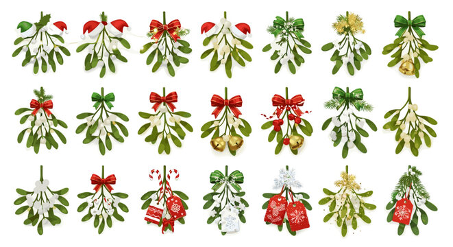 Collection of mistletoe sprigs with christmas decorations isolated on