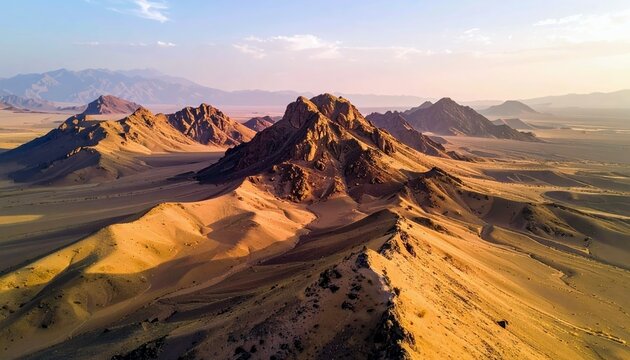 A vast, arid desert landscape featuring rugged, sun-drenched mountains and rolling sand dunes, illuminated by the warm glow of sunset. - Powered by Adobe