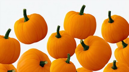 A bunch of orange pumpkins are arranged in a row. The image has a warm and inviting mood, as the pumpkins are a symbol of fall and harvest