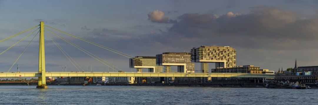 Severinsbr&uuml;cke and Rheinauhafen harbour with crane houses, Cologne, North Rhine-Westphalia, Germany