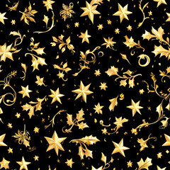 Golden stars and floral elements on a dark background isolated on white background isolated on transparent background