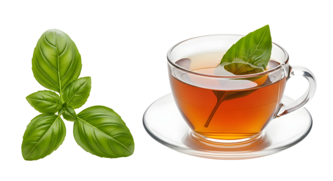Basil leaves and cup of basil tea isolated on transparent background, herbal drink , ai generated image - Powered by Adobe