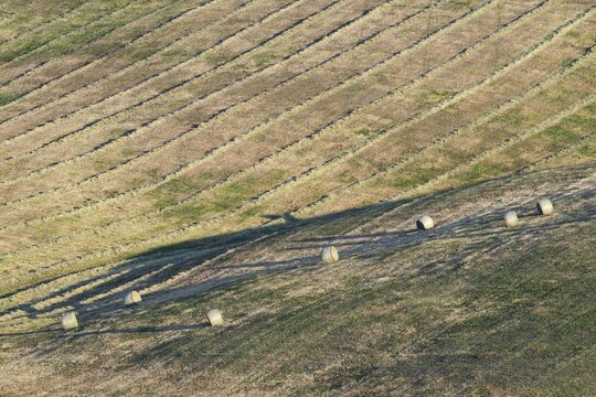 Harvested wheat field with bales of straw, landscape around Pienza, Val d'Orcia, Orcia Valley, UNESCO World Heritage Site, Province of Siena, Tuscany, Italy