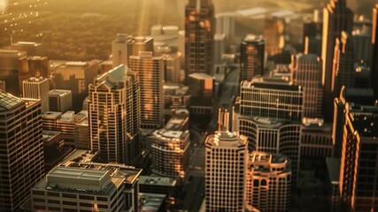 Aerial view of a city's skyline at sunset with vibrant colors and urban architecture