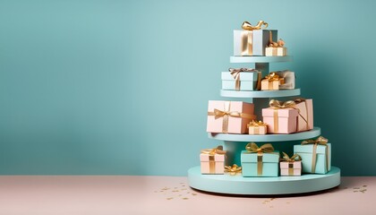 a tiered display of pastel colored gifts with gold ribbons arranged on a pale blue circular platform against a light blue background