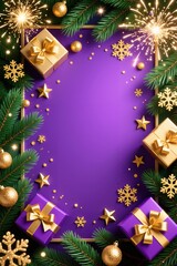 New Year frame on purple background with golden and gift boxes, sparkling snowflakes, glitter, green pine branches, and bright fireworks. Greeting card with Copy space in center.