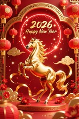Greeting card with Majestic golden horse, 2026 Chinese Zodiac symbol, standing on a red stage with traditional architecture, glowing neon ring, lanterns, and auspicious flowers.
