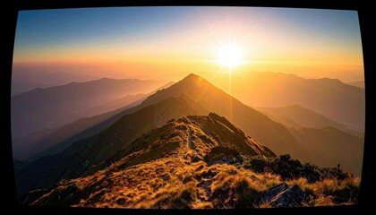 A breathtaking sunrise illuminates a layered mountain range, casting a golden glow and a sunburst effect over the misty peaks.