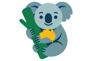 Naklejka premium Adorable koala hugs Australia map on eucalyptus branch, cute and charming
