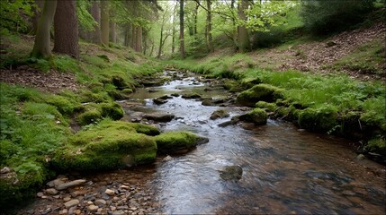 A clear forest stream meanders over moss covered rocks surrounded by lush green trees and foliage under natural light