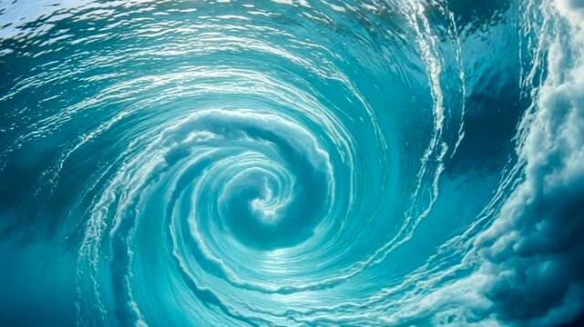 Underwater view of a powerful ocean wave forming a vortex with sunlight filtering through the water