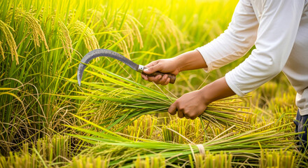 Farmer harvesting rice in field with sickle during harvest season , ai generated image