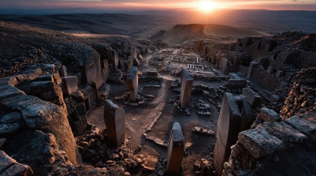 Ancient Archaeological Site in a Mountain Valley at Sunset - Powered by Adobe