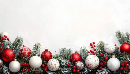 A festive Christmas border featuring snow-dusted green pine branches, red and white baubles, holly berries, and pinecones, framing a bright, textured white background. (186 characters)