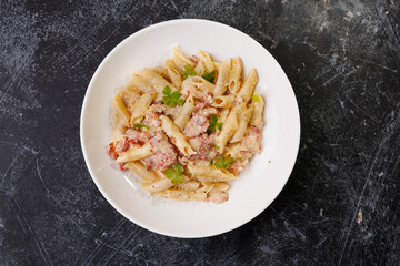 Creamy Pasta Carbonara With Bacon, Parmesan, Fresh Parsley