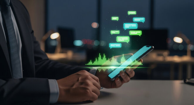 businessman holding phone with a flowing green voice wave and multiple digital text message icons for chat and communication - Powered by Adobe