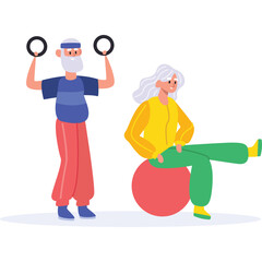 Elderly Couple Engaged In Fitness Activities With One Exercising With Rings And The Other On A Stability Ball In A Bright Setting