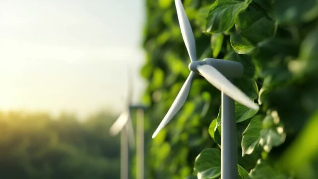 Harnessing Renewable Energy: Wind turbines, integrated harmoniously into a vibrant, verdant setting, turning the potential of clean energy
