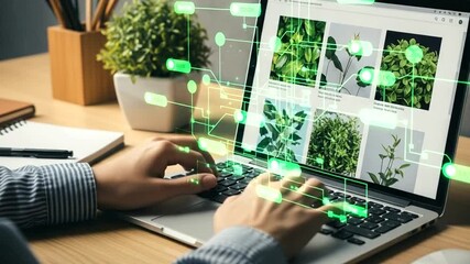 Person using a laptop with digital interface overlay, showing plant images and data connections - Powered by Adobe