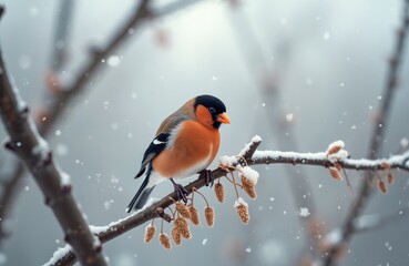 Bullfinch bird perched on snowy branch with seeds. Bird is orange and black. Snow falls around. Winter scene with cold weather. Bird sits on tree branch with buds. Snowflakes fall gently.
