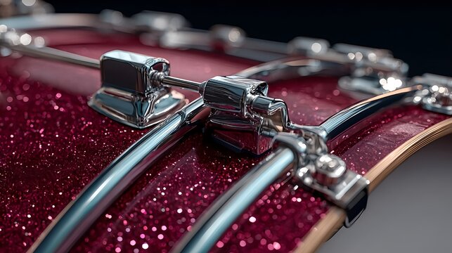 Close up of a red sparkle drum kit with chrome hardware for music enthusiasts