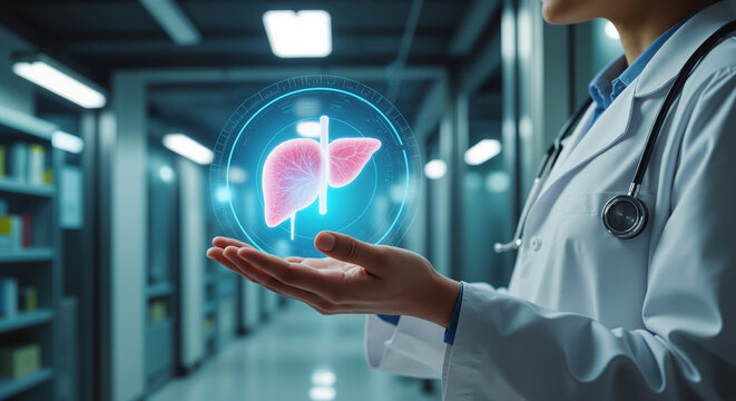 Medical Professional Examining Digital Liver Model - Holographic Organ Projection in Physician's Hands for Healthcare Education, Hepatitis Awareness, and Medical Technology Visualization