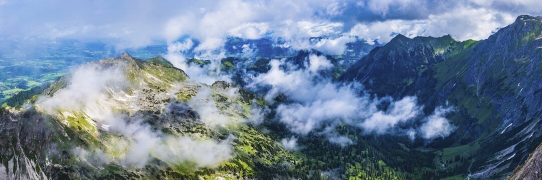 Panorama from the Nebelhorn, 2224m, to the Entschenkopf, 2043m and into the cloudy Retterschwanger Tal, Allg&auml;u Alps, Allg&auml;u, Bavaria, Germany