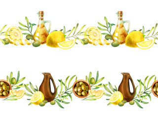 Watercolor set of seamless borders with lemons, green olives, oil and branches isolated on a white background.