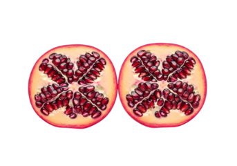 Two halves of a vibrant red pomegranate showcasing its juicy seeds