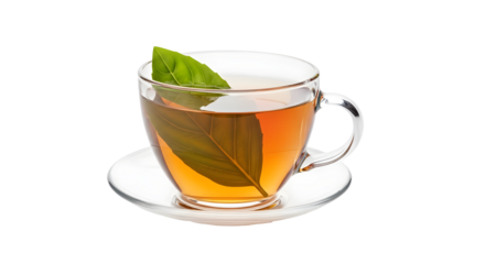 Cup of tea with basil leaf isolated on transparent background, herbal beverage ,ai generated image