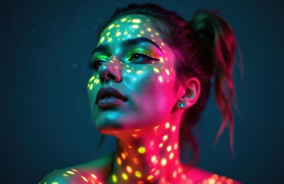 Young woman with glowing neon body paint in vibrant electric colors against dark background. Futuristic lighting, makeup art, and unique individuality.