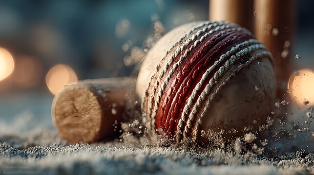 Close up of a cricket ball and bails on the ground sports equipment photography - Powered by Adobe
