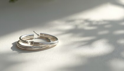 Pair of silver hoop earrings rests on a light textured surface bathed in soft sunlight and dappled leaf shadows. Minimalist composition highlights jewelry design details.