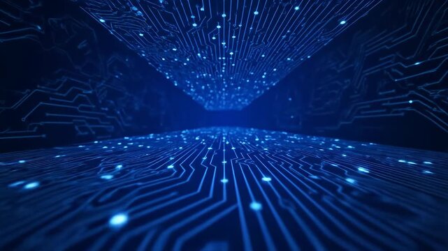 Glowing blue circuit board design, with intricate lines forming futuristic patterns and lights. This image showcases tech details