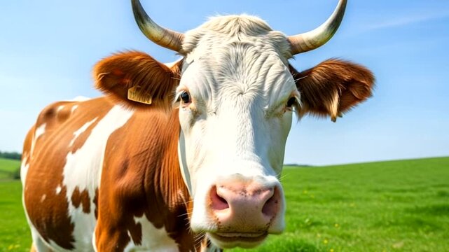 Closeup portrait of a brown and white cow with horns standing in a green grassy field