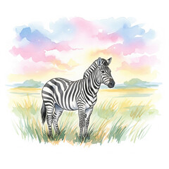 Elegant watercolor zebra standing in a sunlit savanna, soft pastel sky, loose brushstrokes, gentle ink outlines, dreamy artistic mood, white background