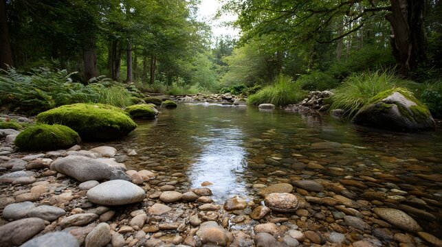 A clear shallow forest stream flows over pebbles with moss covered rocks and lush green banks