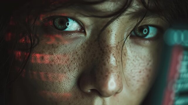 Close up of a persons face with digital data overlay. - Powered by Adobe